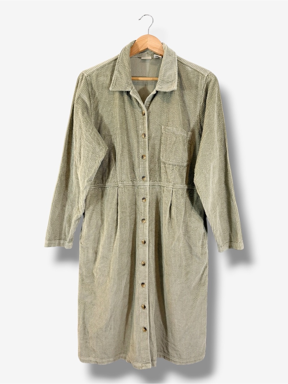 Vintage 90s L.L.Bean Sage Green Corduroy Shirt Dress 14 Button Front Midi